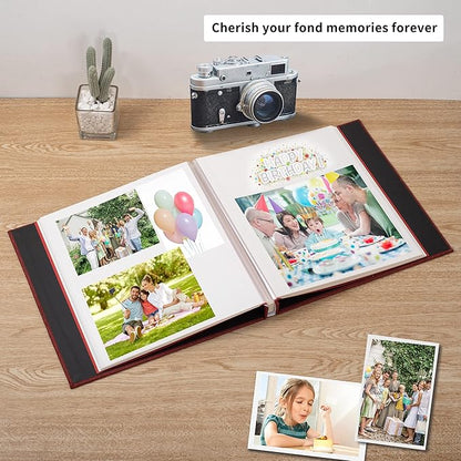 Large Photo Album Self Adhesive 4x6 8x10 10x12 13"x12.8" Magnetic Scrapbook Album 12.6"x11" Inch 40 Pages Linen Cover DIY Photo Album with A Metallic Pen and DIY Stickers(Red)