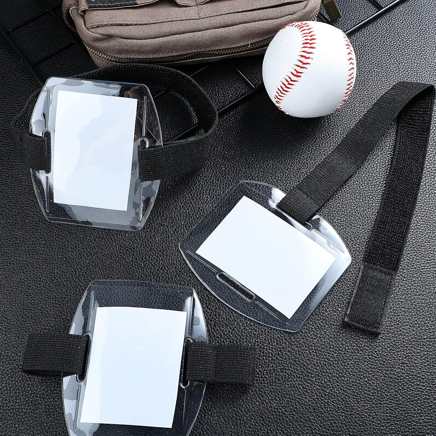 Meanplan 50 Pcs Arm Badge Holder Armband ID Badge Holder Bulk Visibility PVC with Adjustable Belt Elastic Armband Clear Name Tag for Work Pass, Postcards, Universal Size(Black)