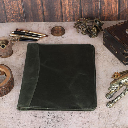 Heavy Duty Buffalo Leather Legal Pad Portfolio Handmade Executive Notebook Binder, Professional Padfolio Organizer Gift for Men and Women Genuine Leather Resume Document Holder (Green)
