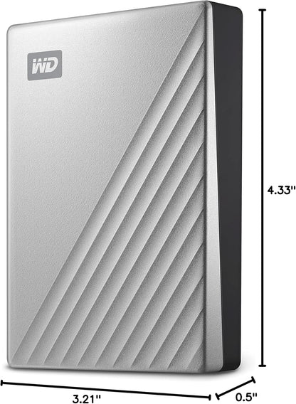 WD 1TB My Passport Ultra, Silver, Portable External Hard Drive, backup software with defense against ransomware, and password protection, USB-C and USB 3.1 - WDBC3C0010BSL-WESN