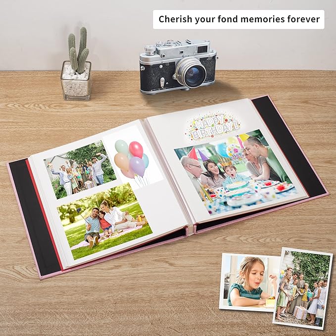 Large Photo Album Self Adhesive 4x6 8x10 10x12 13"x12.8" Magnetic Scrapbook Album 12.6"x11" Inch 60 Sticky Pages Linen Cover DIY Photo Album with A Metallic Pen and DIY Stickers(Pink)