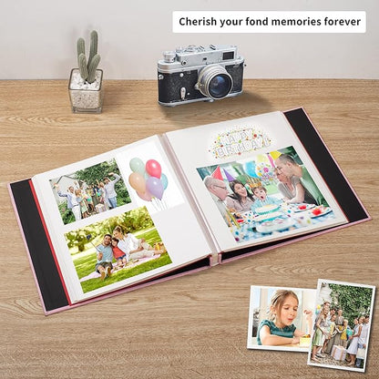 Large Photo Album Self Adhesive 4x6 8x10 10x12 13"x12.8" Magnetic Scrapbook Album 12.6"x11" Inch 60 Sticky Pages Linen Cover DIY Photo Album with A Metallic Pen and DIY Stickers(Pink)