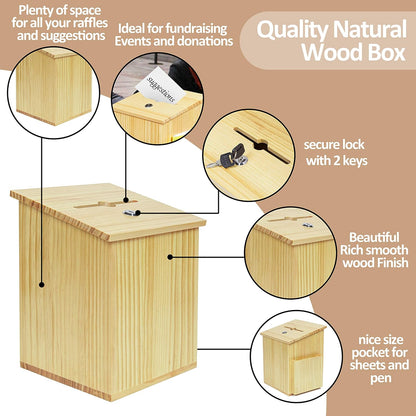 Wood Charity Donation collection Box Office suggestion Ballot Box With wide slot for envelopes and suggestion comment forms, side Pocket and Locking Hinged Lid & Pen for Table Or Counter-top(Natural)