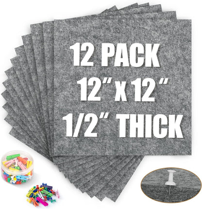 AKTOP Cork Bulletin Board 12x12, 1/2" Thick Felt Cork Board Tiles 12 Pack, Small Square Pin Board for Wall, Self Adhesive Corkboards with 120 Push Pin Wood Clips for School, Home & Office, Grey