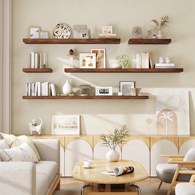 Fun Memories 66 Inch Fireplace Mantel Shelf with Invisible Bracket, 8 Inch Deep Floating Shelf for Living Room, Kitchen, Farmhouse, Brown (2-Pack)