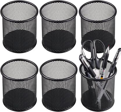 QYH Mesh Pen Cup Metal Pencil Holder for Desk 6 Packs Black Pen Organizer Office 3.54x3.93 Inch