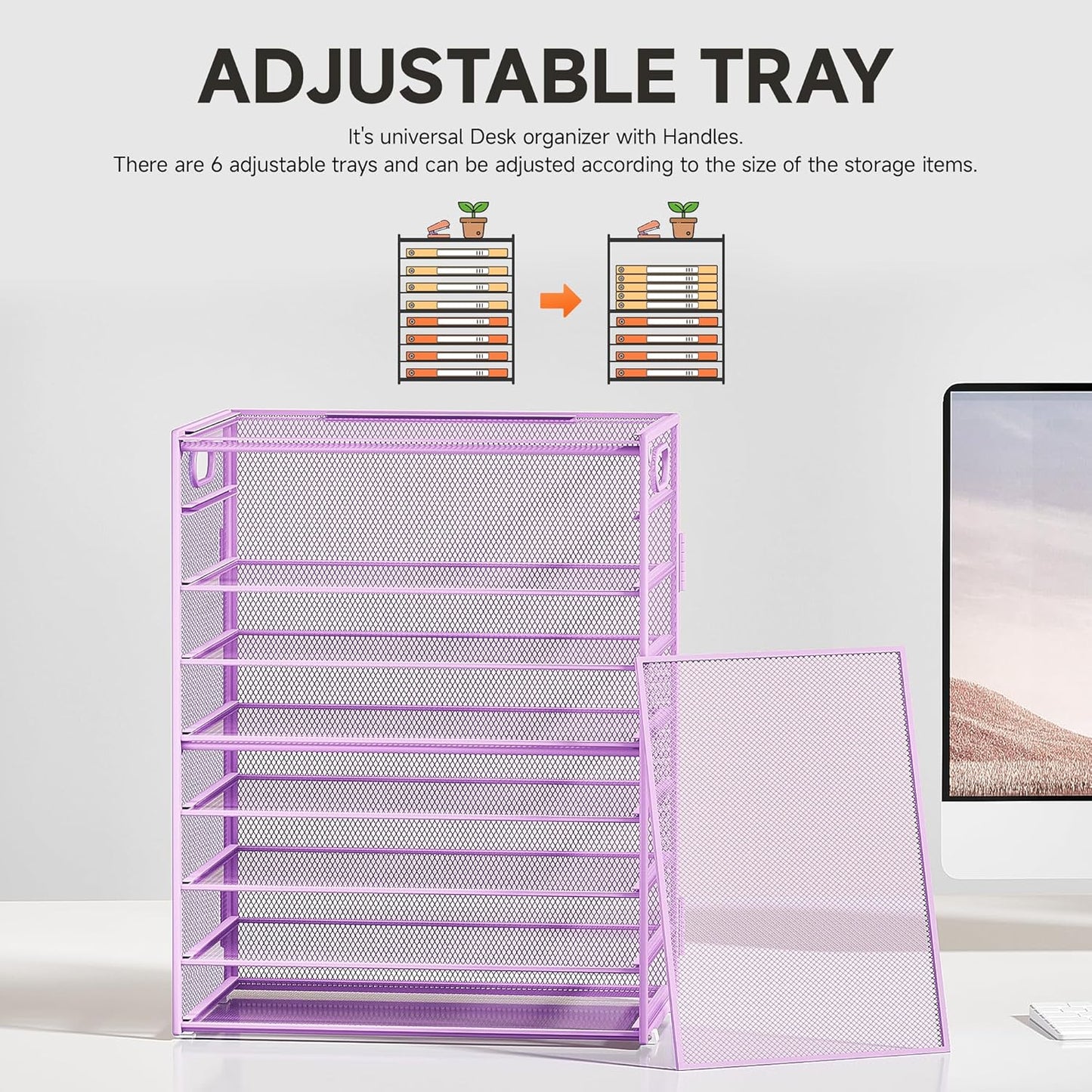 SUBEKYU 9 Tier Paper Letter Tray Desk Organizer with Handles - Purple Metal Mesh File Holder Paper Sorter Desk Organizer for Office Home School, Include 6 Pcs Adjustable Slid Tray, 6 Colors Available