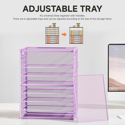 SUBEKYU 9 Tier Paper Letter Tray Desk Organizer with Handles - Purple Metal Mesh File Holder Paper Sorter Desk Organizer for Office Home School, Include 6 Pcs Adjustable Slid Tray, 6 Colors Available