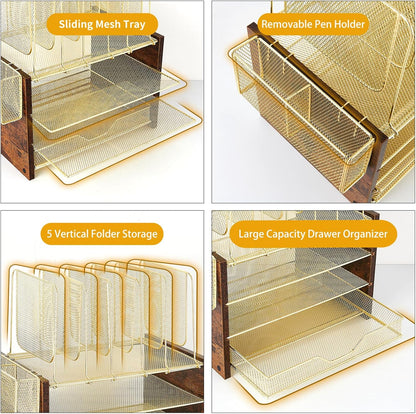 Gold Desk Organizers and Accessories,4-Tier Desktop File Organizer with Drawer, Wood Paper Organizer with 5 Vertical File Holders and Pen Holder for Office Supplies