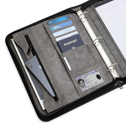 Portfolio Organizer - 1.5" 3 Ring Binder with Notepad - Zippered Storage Pouch for Papers, Travel Documents, Presentation Folder with Pockets for Card, Passport, Tickets - Gray