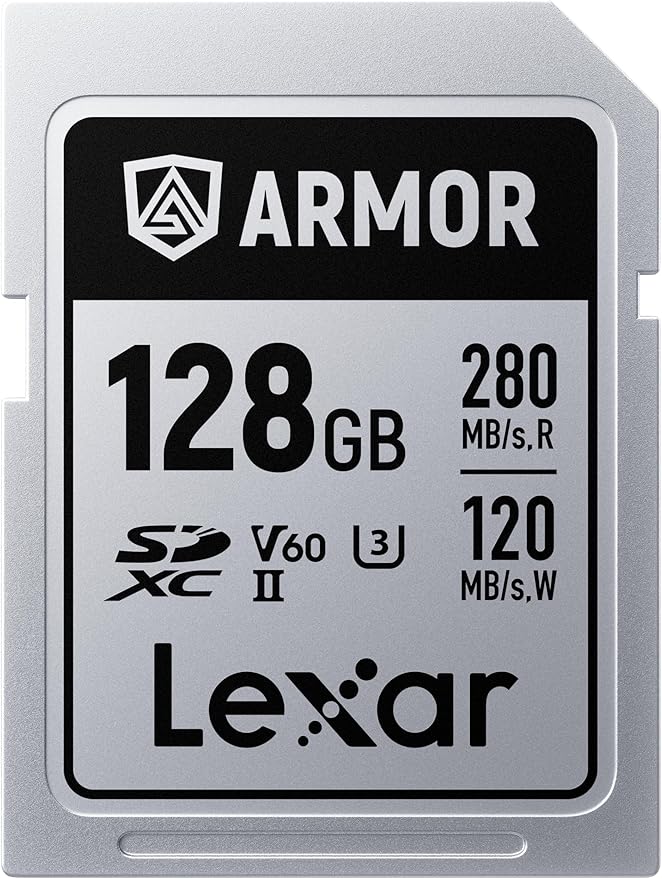 Lexar 128GB Armor Silver PRO SDXC Memory Card, UHS-II, C10, U3, V60, 6K UHD, Up to 280MB/s Read, Stainless Steel, for Professional Photographer, Videographer, Enthusiast (LSDAMSP128G-RNNNU)