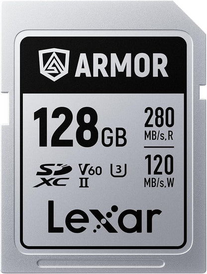 Lexar 128GB Armor Silver PRO SDXC Memory Card, UHS-II, C10, U3, V60, 6K UHD, Up to 280MB/s Read, Stainless Steel, for Professional Photographer, Videographer, Enthusiast (LSDAMSP128G-RNNNU)