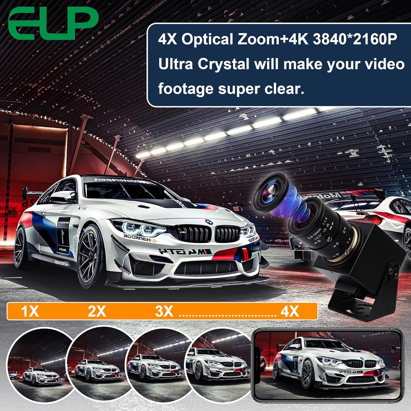 ELP 4K USB HDMI Camera Manual Zoom Webcam - Variable Focus H.264 Telescope USB Security Mini Close-up for Computer - 8mp IMX415 Industrial CCTV (2.8-12mm 4X Zoom Lens)