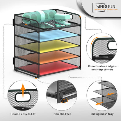 Letter Tray Paper Organizer 5-Tier Desk Organizer File Organizer Paper Holder with Handle, Metal Desktop Document Shelf Tray Office Classroom Organization - Black