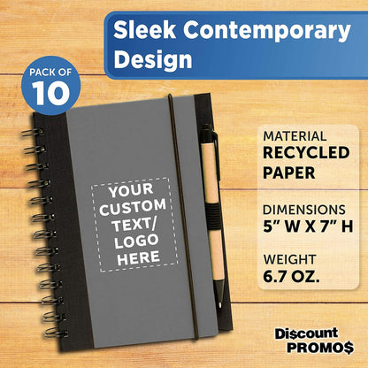 DISCOUNT PROMOS Custom Eco Block Notebooks with Pens Set of 10, Personalized Bulk Pack - Perfect for School, Office, Business, Home - Smoke