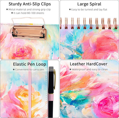 Ospelelf Pink Foldable Spiral Clipboard Folio with with Storage Zipper Pouch, 5 Plastic Folders with 10 Pockets, Leather Clipboard Folder with Notepad, 39 Divider Label Stickers (Rose)