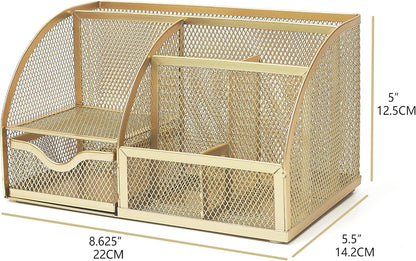 Annova Mesh Desk Organizer Office with 7 Compartments + Drawer/Desk Tidy Candy/Pen Holder/Multifunctional Organizer (Gold)