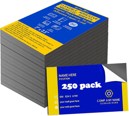 Business Card Magnets Peel and Stick 250 Pack - 2" x 3.5 Magnetic Sheets with Adhesive Backing for Crafts, DIY - Strong Craft Flexible Self Sticky Magnet Set for School Classroom, Fridge, Photo, Cards