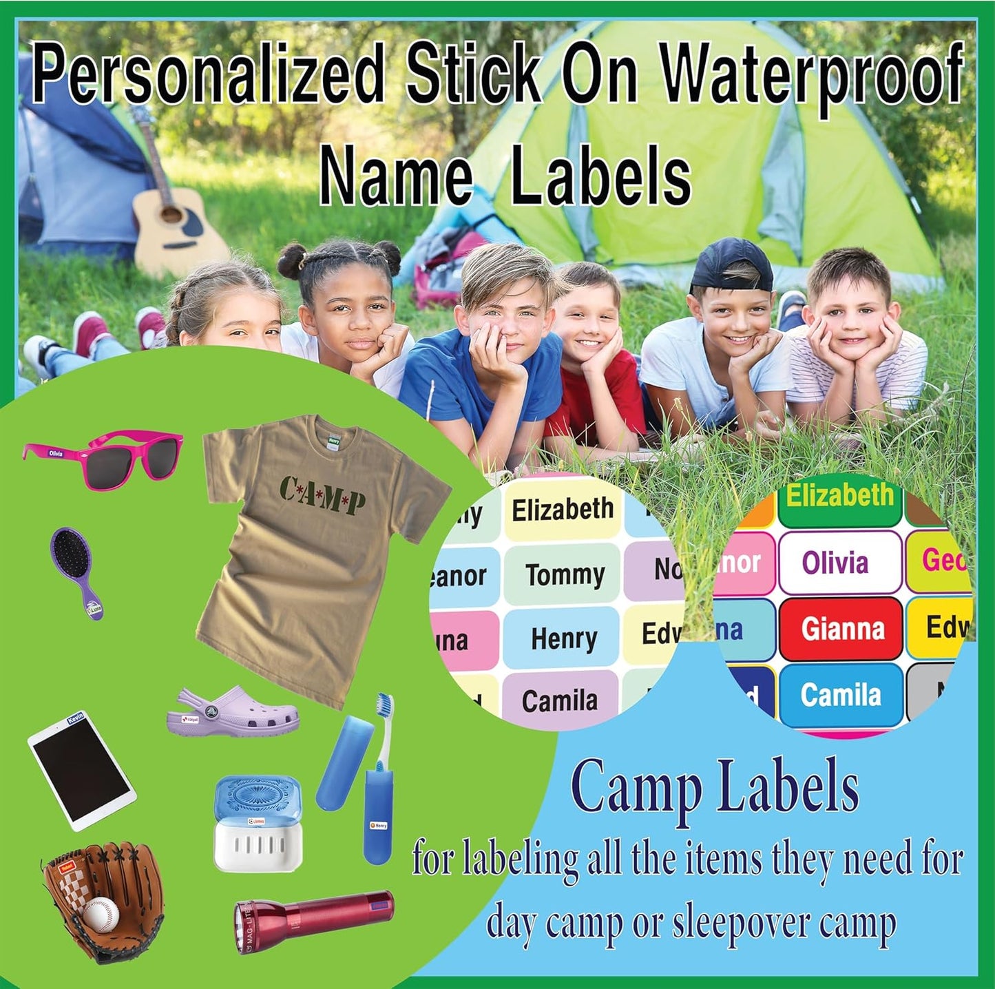 Personalized Waterproof Name Labels Press and Stick Custom Name Stick on Clothing Labels. Customized Up to 3 Lines Great for Camp & Daycare (Summer Breeze)
