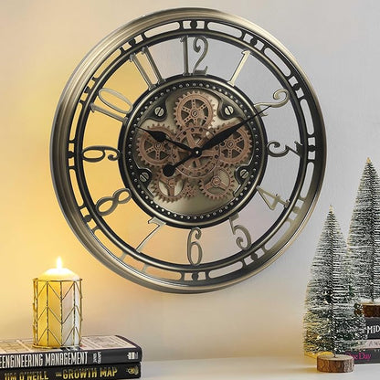 CLXEAST 28 Inch Large Moving Gear Wall Clock for Living Room Decor, Modern Farmhouse Wall Clock for Home Office,Brass Gold,House Warming Gifts New Home