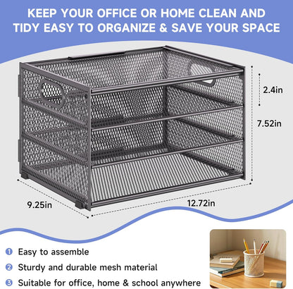 Subekyu Paper Letter Tray Organizer for Desk, Gray Metal Mesh Desk File Sorter Organizer with Handle and 2 Sliding Trays for Home Office School Supplies Organization