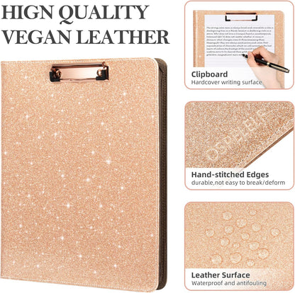 Ospelelf Clipboard with Storage, 3 Ring Binder with Zipper, Leather Padfolio Portfolio Folder, Calculator, 12.1” Tablet Sleeve, 5 Dividers with Pocket|Refillable Notepad, Card Slot (Rose Gold)