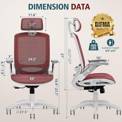 GABRYLLY Ergonomic Office Chair, High Back Home Desk Chair with Headrest, Flip-Up Arms, 90-120° Tilt Lock and Wide Cushion, 400LBS Mesh Chairs for Man Woman, White Task Chair(Red,GY01WR)