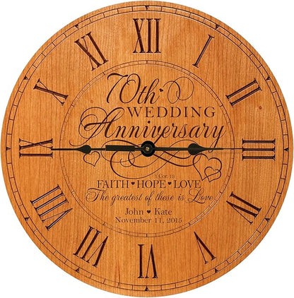 LifeSong Milestones Personalized 70th Anniversary Engraved Cherry Wall or Desktop Clock for Living Room Bedroom, Kitchen, Office, New Home, Couples Gift 12 Inch Diameter (Faith Hope Love)