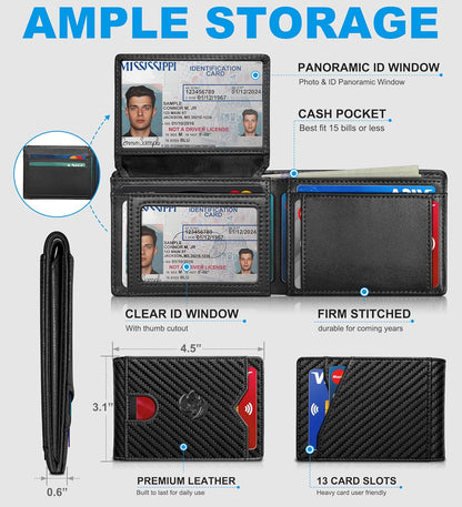 Wallet for Men Wallet with Cash Pocket 2 ID Window 13 Cards,Slim Leather Wallet Front Pocket Card Holder RFID Blocking with Gift Box