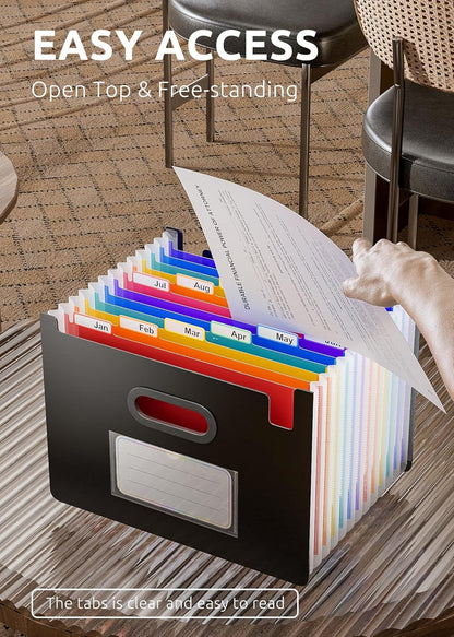 ThinkTex 12 Pockets Accordion File Organizer, Upright & Coverless, Monthly Colorful Tabs, Larger Capacity Expanding File Folder, Letter/A4 Size for School, Home and Office - Black