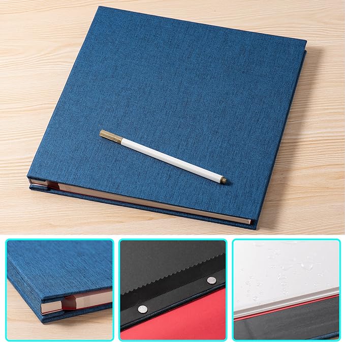Large Photo Album Self Adhesive 4x6 8x10 10x12 13"x12.8" Magnetic Scrapbook Album 12.6"x11" Inch 60 Sticky Pages Linen Cover DIY Photo Album with A Metallic Pen and DIY Stickers(Blue)