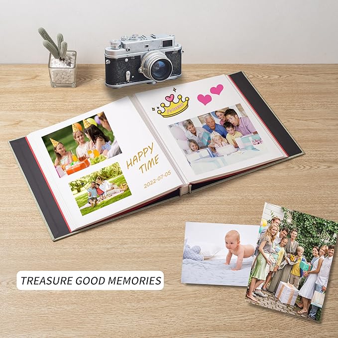 Large Photo Album Self Adhesive Scrapbook Album for 4x6 6x8 8x10 Pictures 12.6"x11" Inch 40 Pages Linen Cover Magnetic Photo Album with A Metallic Pen and DIY Sticker(Grass Green)