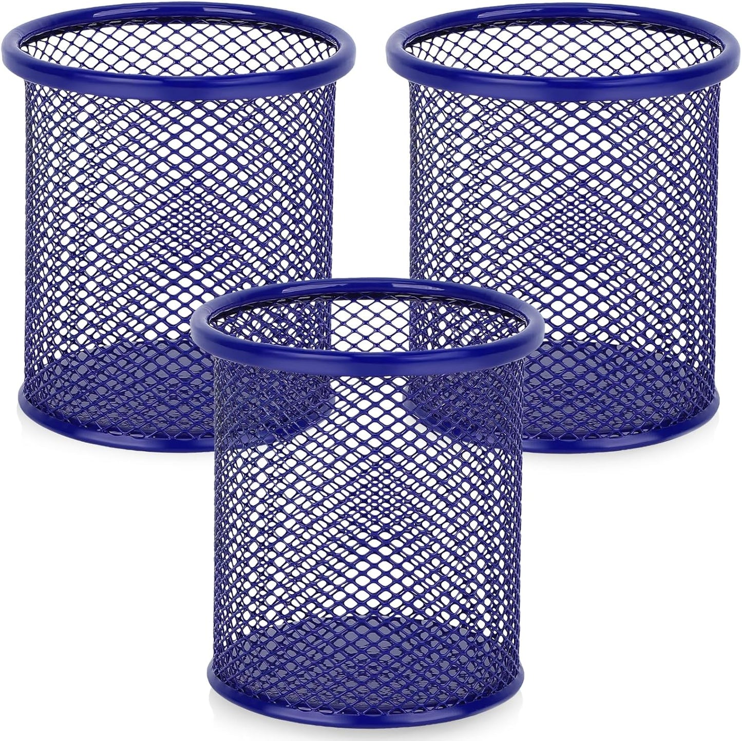 Segarty Pen Cup, 3 Pack Round Cute Dark Blue Pen Holder for Desk, Wire Mesh Pencil Holder Container Set, Desktop Organizer for Office Supplies, Maker, School, Home Storage, Makeup Brush