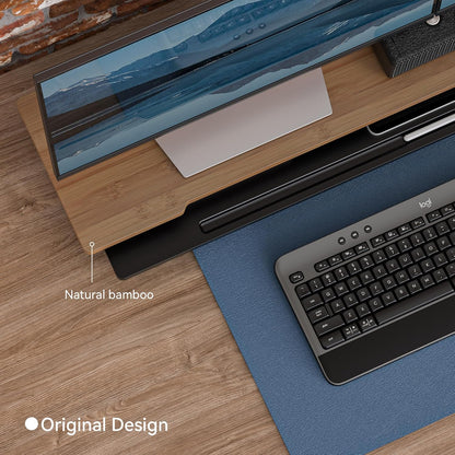 Monitor Stand Dual Monitor Stand Riser for Desk,Wood Desk Shelf Storage Organizer with Phone Tablet Holder (42.5 Inch, Black & Dark Bamboo)