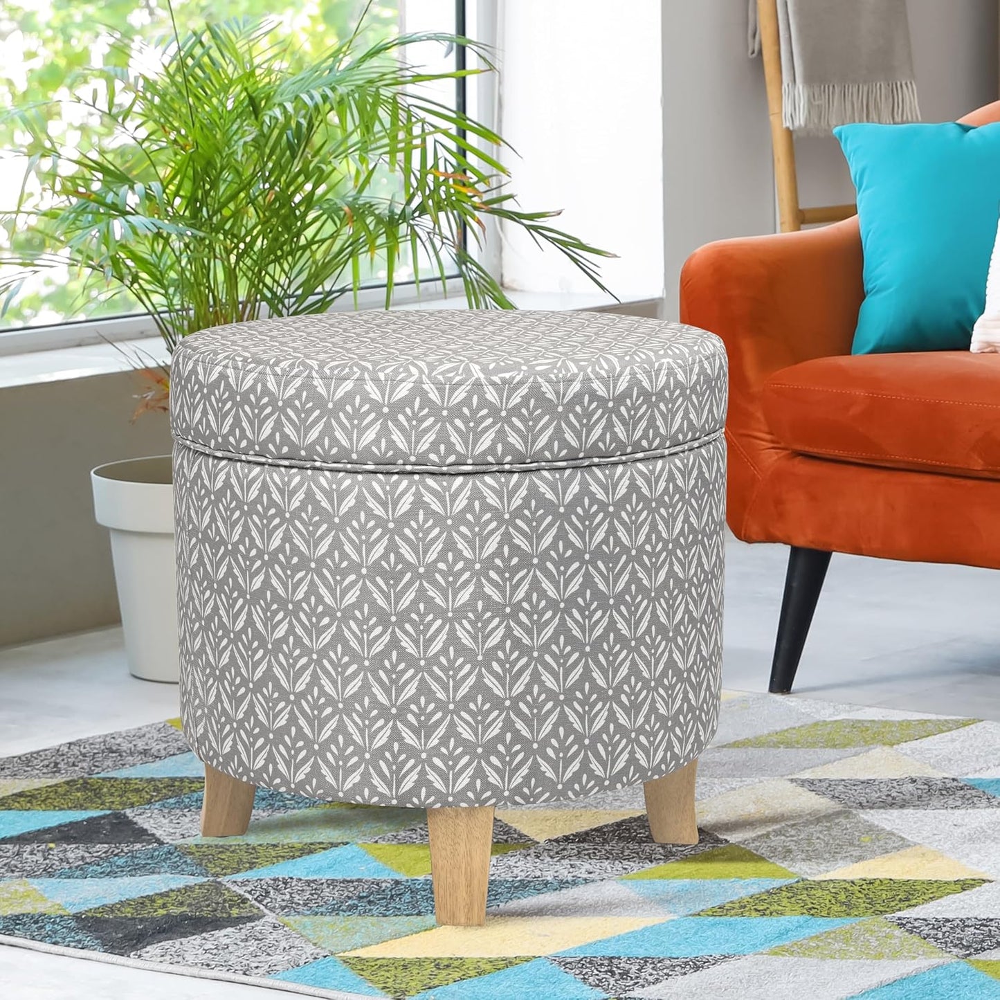 HomePop Upholstered Round Storage Ottoman|Homepop Home Décor|Upholstered Round Foot Rest Ottoman - Light Grey Print
