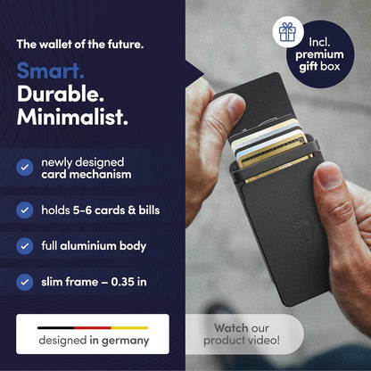 TRAVANDO SLYDE Aluminum Card Holder - RFID Blocking Slim Wallet for Men with Money Clip – Holds Up to 6 Cards – RFID Protected Credit Card Mens Wallet (Black)