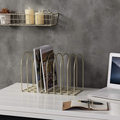 MyGift Large Desktop Document Holder, Brass Metal Wire File Folder Organizer Rack with 8-Slots and Arch Design