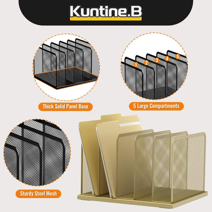 Kuntine.B Desk File Organizer Upright Mesh Desktop Organizer File Sorter Office Organization File Holder for Home, Office & Classroom (Gold, 1 Pack 5-Section)