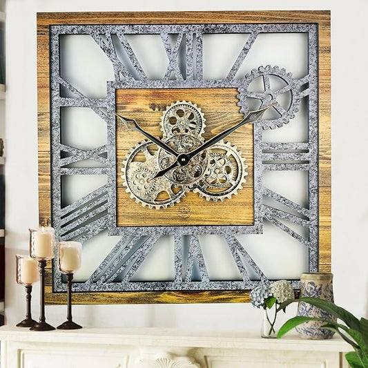 ImprovingLife The Gears Clock 24'' Inch Square Real Moving Gear Wall Clock Vintage Industrial Oversized Rustic Farmhouse (Wood and Stone)