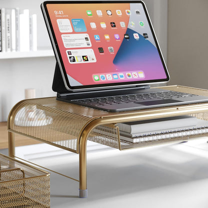 Martha Stewart Ryder Gold Mesh Metal Desktop Monitor Stand Riser with Organizer Drawer and Side Storage, 12.5 x 22.25 x 6.5 inches