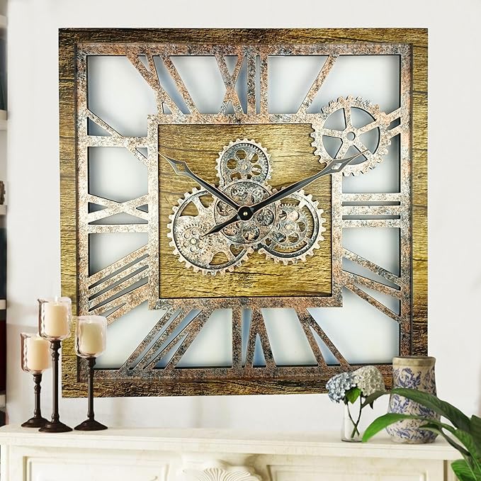 ImprovingLife The Gears Clock 24'' Inch Square Real Moving Gear Wall Clock Vintage Industrial Oversized Rustic Farmhouse (Gold Antique)