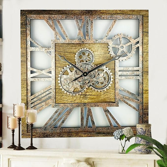 ImprovingLife The Gears Clock 24'' Inch Square Real Moving Gear Wall Clock Vintage Industrial Oversized Rustic Farmhouse (Gold Antique)