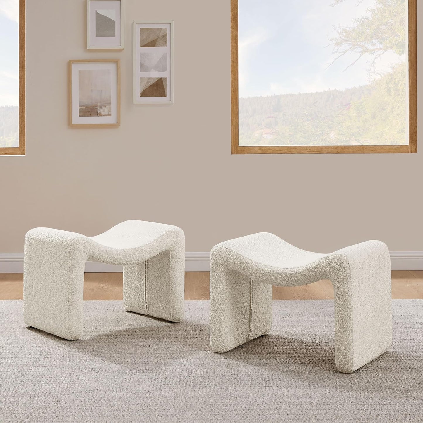 Modern Boucle Ottoman, Vanity Stool Chair, Foot Stool with Wooden Legs Sofa Bench Footstool Extra Seat for Vanity, Makeup Room, Living Room, Entryway, Set 2, White