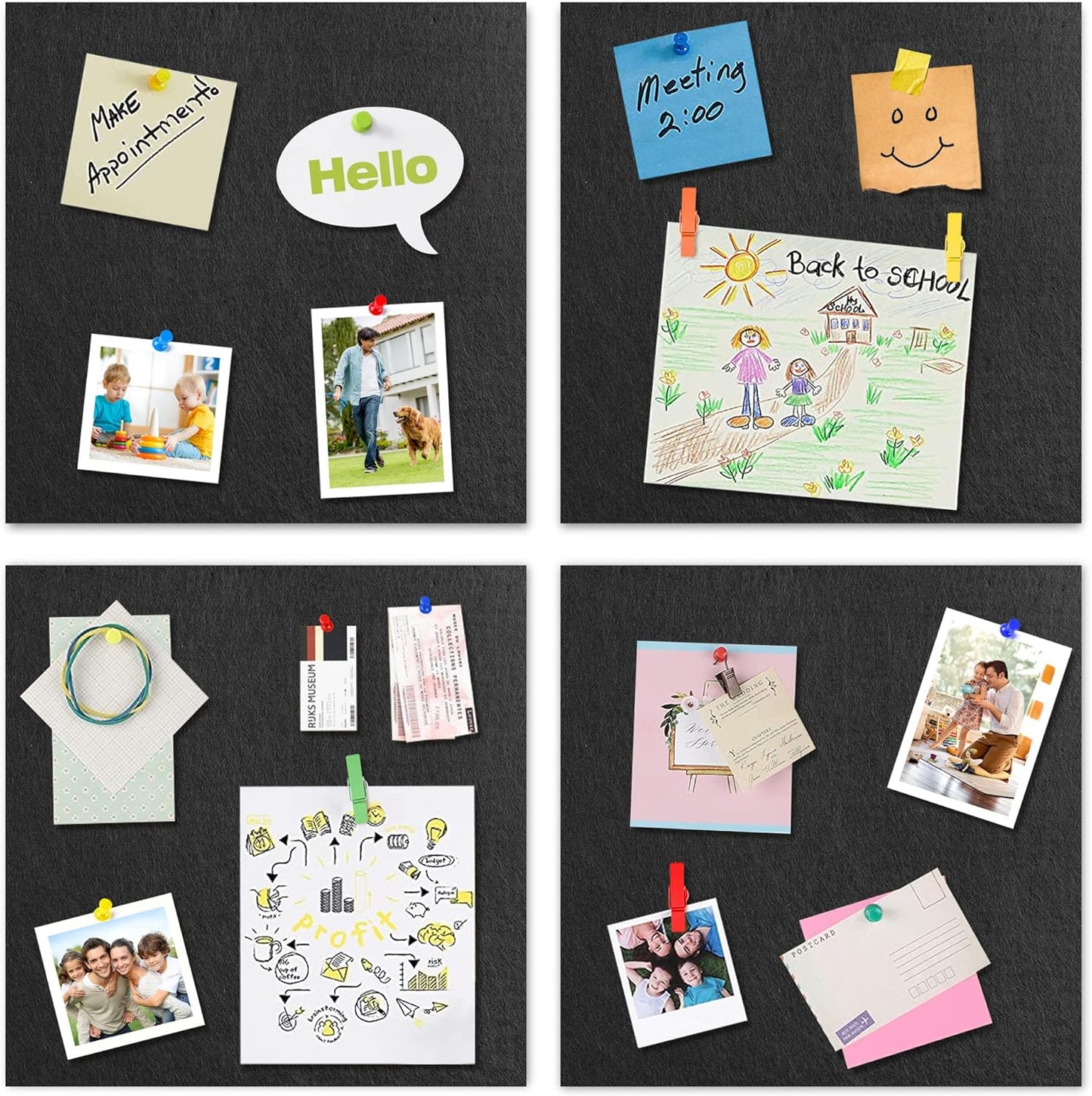 AKTOP Black Cork Bulletin Board 12x12, 1/2" Thick Felt Cork Board Tiles 12 Pack, Small Square Pin Board for Wall, Self Adhesive Corkboards with 120 Push Pin Wood Clips for School, Home & Office