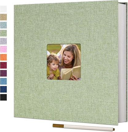 Vienrose Large Photo Album Self Adhesive for 4x6 8x10 10x12 Pictures Linen Scrapbook Album DIY 60 Blank Pages with A Metallic Pen Grassgreen