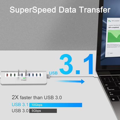 Powered USB Hub 10Gbps, 10 Port USB 3.1 Gen 2 Hub with 7 USB 3.1 Data Ports, 3 Fast Charging Ports, 36W Power Adapter, Type A and Type C Cable, Aluminum USB Data Hub for Mac, PC, Laptop