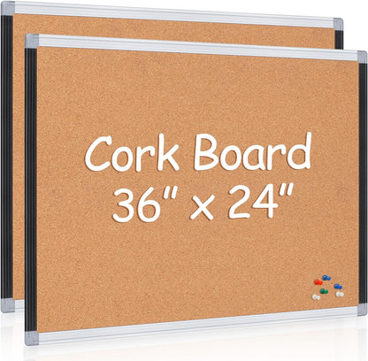 Board2by 2 Pack Cork Bulletin Board 24" x 36", Black/Silver Aluminium Framed Corkboard, Office Board for Wall Decor, Large Wall Mounted Notice Pin Board with 18 Push Pins for School, Home & Office