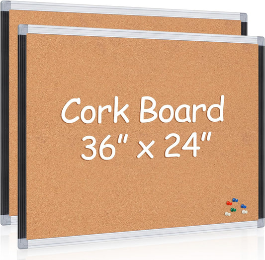 Board2by 2 Pack Cork Bulletin Board 24" x 36", Black/Silver Aluminium Framed Corkboard, Office Board for Wall Decor, Large Wall Mounted Notice Pin Board with 18 Push Pins for School, Home & Office