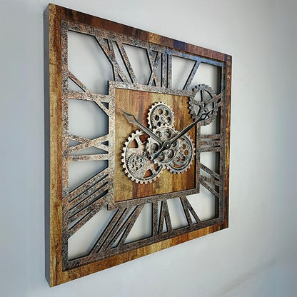 ImprovingLife The Gears Clock 24'' Inch Square Real Moving Gear Wall Clock Vintage Industrial Oversized Rustic Farmhouse (Vintage Brown)