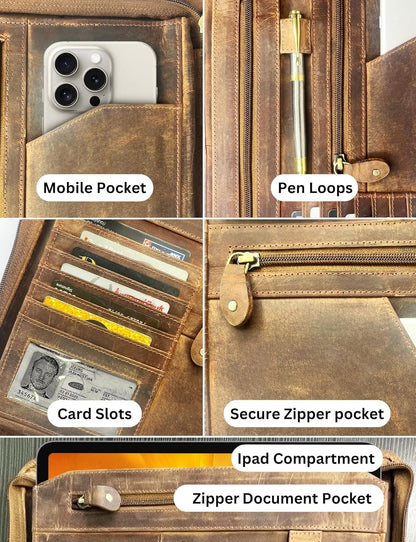 Business Leather Portfolio Leather Padfolio - Letter Pad Size Folder - iPad Organizer Folder Gift for Men and Women (Brown)